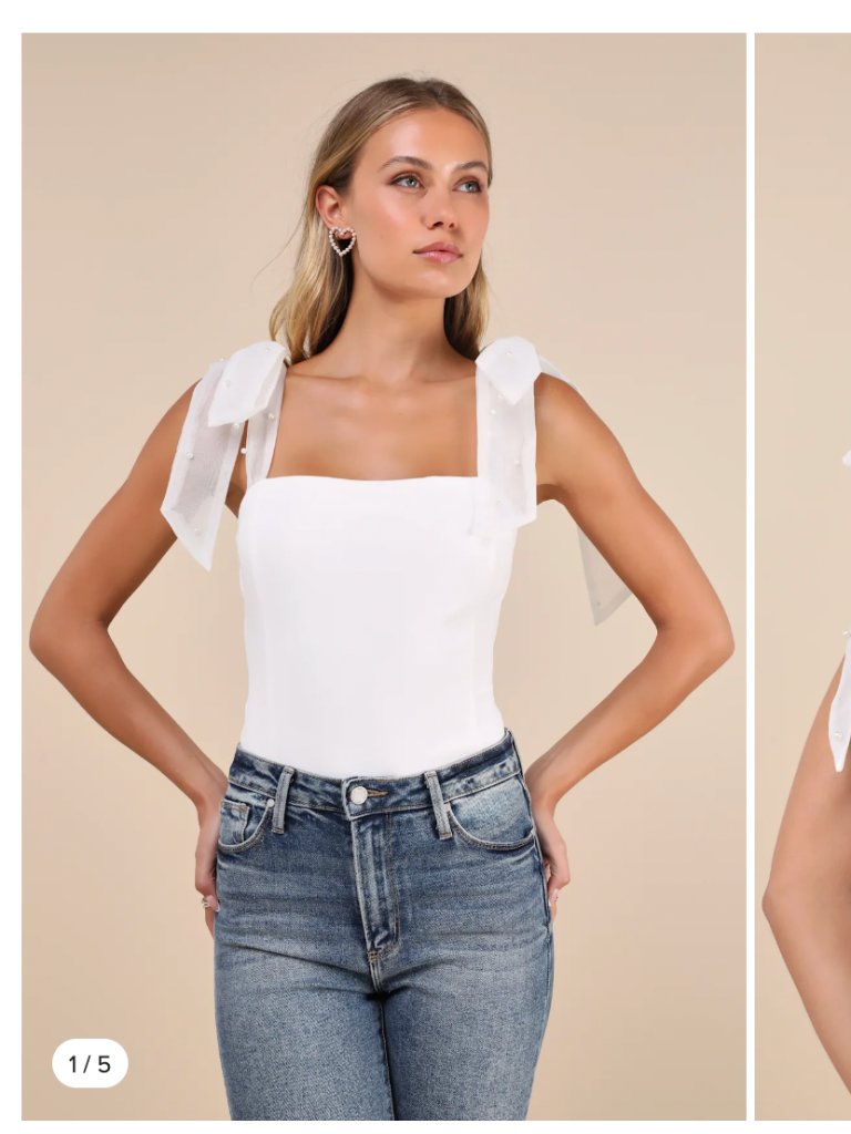 Lulus Beaming Perfection White Pearl Organza Tie-Strap Bodysuit
